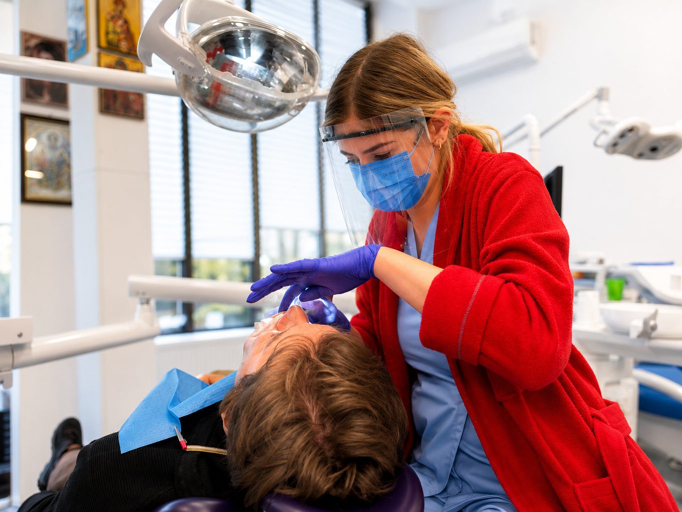Medic stomatolog tratând un pacient în cabinetul B.P. Dental Office